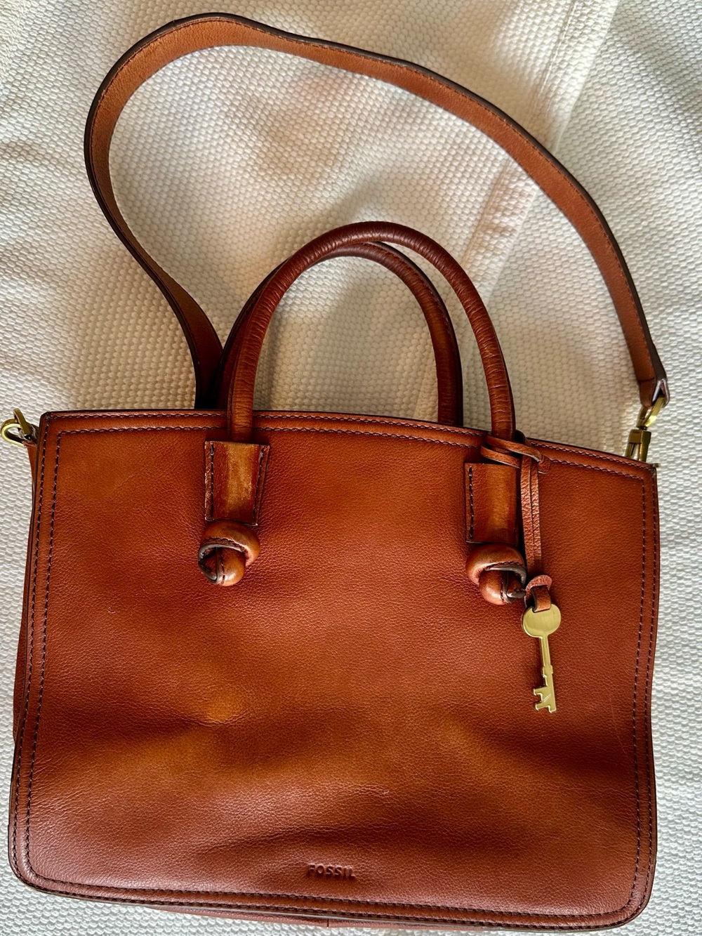 Fossil Skyler Brown Leather Crossbody Tote Bag Satchel with Key Charm